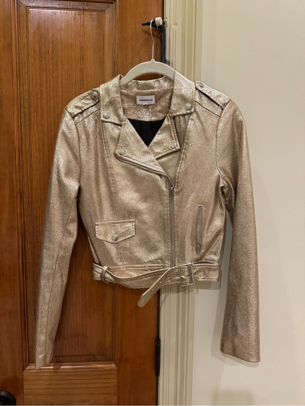 superdown Metallic Gold Moto Jacket with Belted Waist